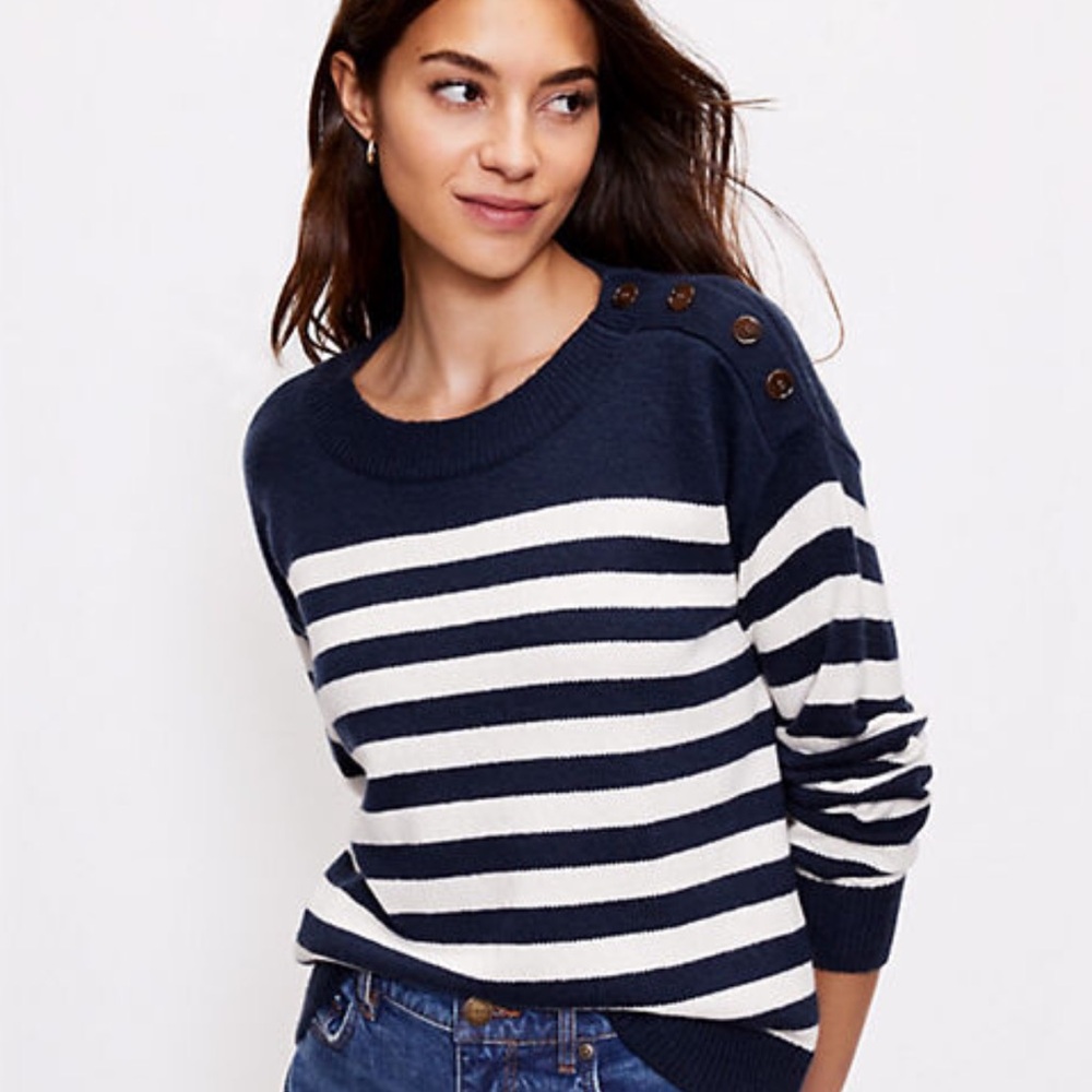 Loft Stripe White/Navy Blue Shoulder Button Sweater